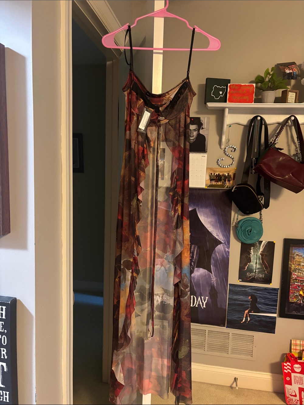 PrettyLittleThing Brown Multi Sheer Floral Ruffle Maxi Open Front Top